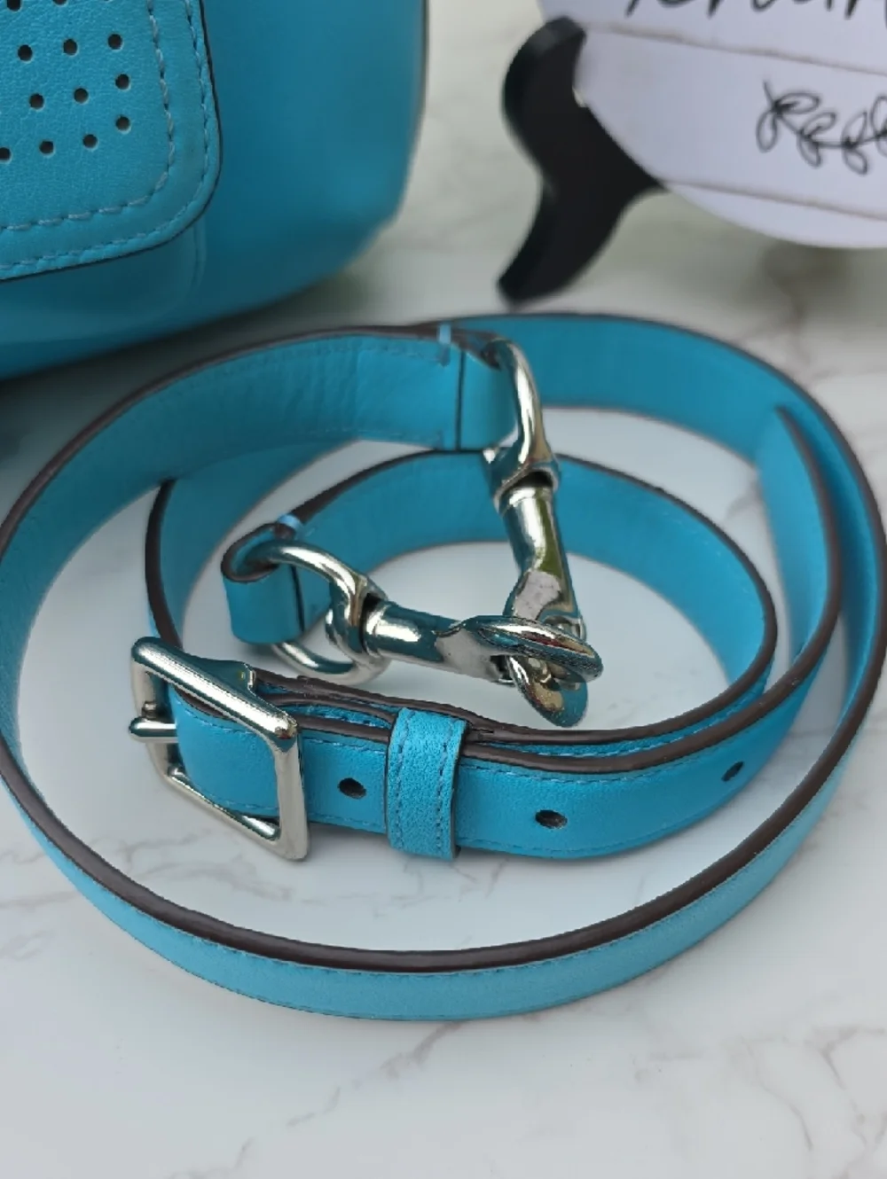 Coach Turquoise Shoulder Bag with Pearl & Chain Details - Picture 10 of 16